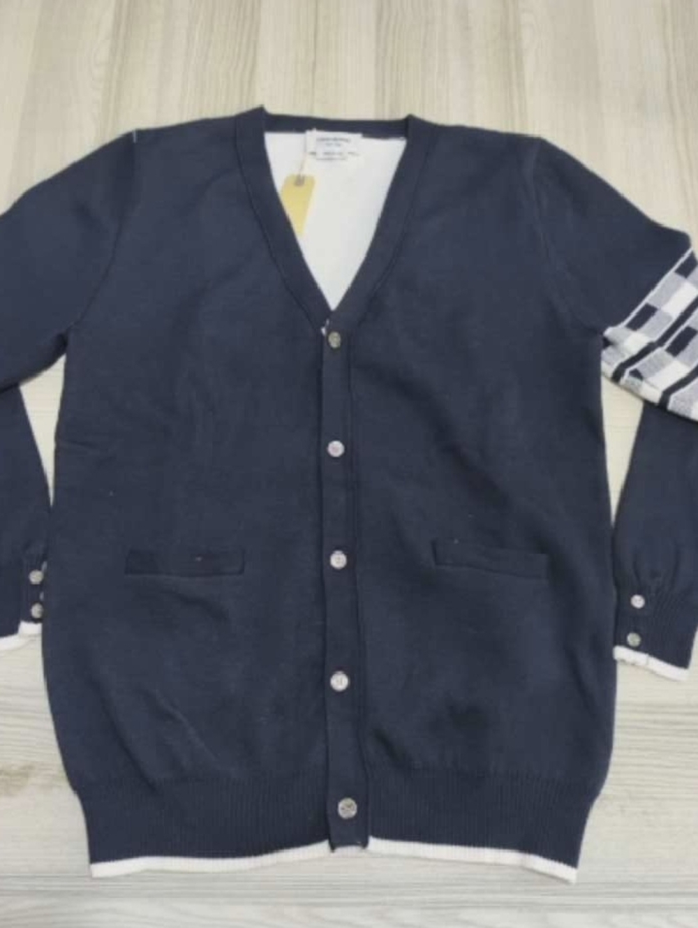 Thom Browne Navy V-Neck Cardigan with Contrast Check Sleeve